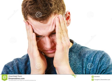 Closeup Stressed Man Holds Head With Hands Stock Photo Image Of Adult