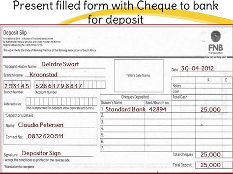 You can skip filling out a deposit slip if you are making a mobile deposit. SA-How to fill FNB or First National Bank Deposit Slip - YouTube