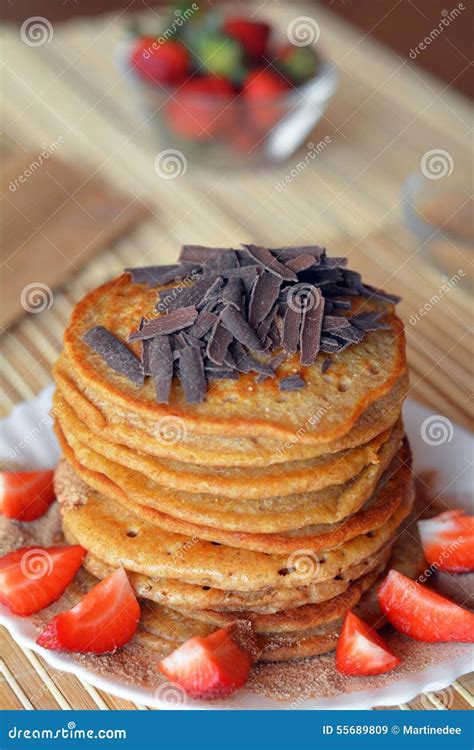 Stack Of Sweet Pancakes With Strawberries And Chocolate Stock Image