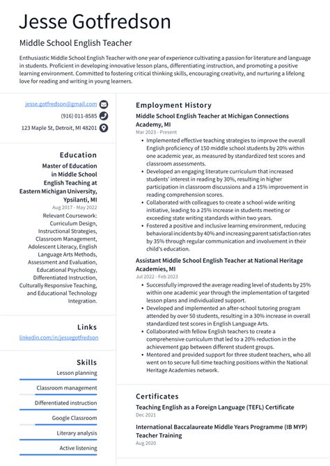 Middle School English Teacher Resume Examples And Templates