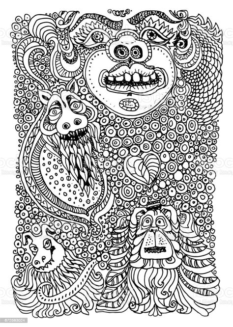 Vector Humorous Illustration Of Crazy Dogs And Monsters Black And White
