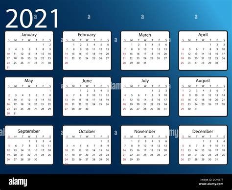 Calendar 2021 Sunday Royalty Free Vector Image