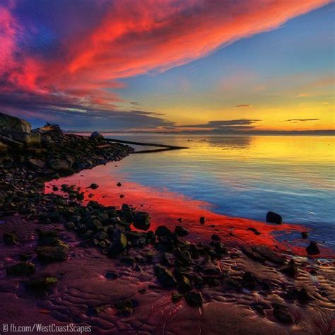 Pink Sunset Clouds Rocky Sea Shore Beach Beautiful Nature