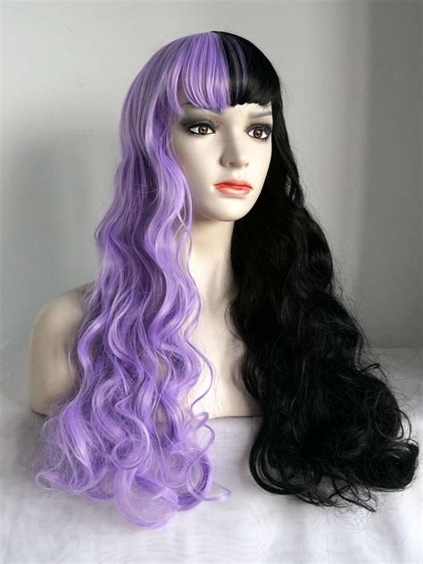 Half Purple And Half Black With Bangs Wavy Synthetic Wefted Cap Wig