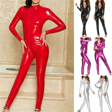 Tight Jumpsuit Solid Color Zipper Women Faux Patent Leather Bodysuit Clubwear Bodysuit Clubwear