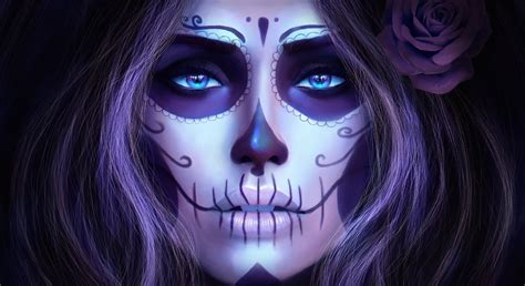 Face Women Artwork Purple Blue Sugar Skull Head Color Eye