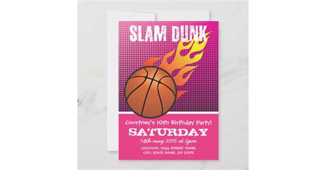 Basketball Slam Dunk Pink Kids Sports Birthday Invitation Zazzle