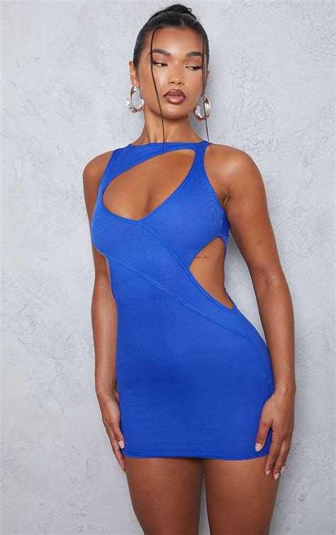 bright blue ribbed multi cut out bodycon dress prettylittlething usa