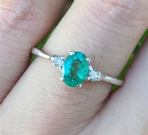 Oval Emerald Engagement Ring Three Stone Emerald Diamond Promise Ring Dainty Genuine Natural
