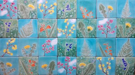 Botanical Ceramic Tile Spring Flowers Hand Cut Tile
