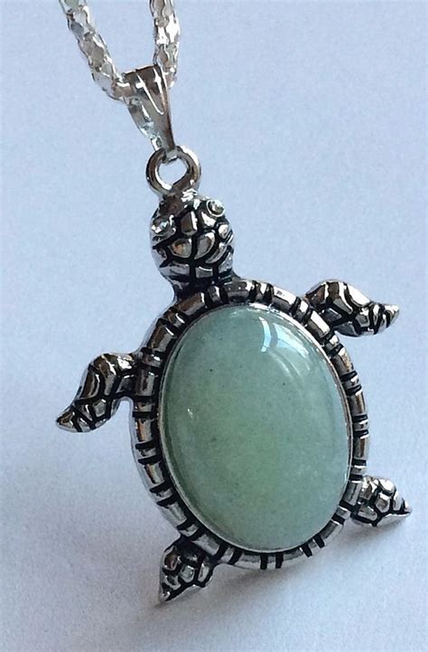 Silver Jade Stone Turtle Necklace Plated Light Green Sea Life Island