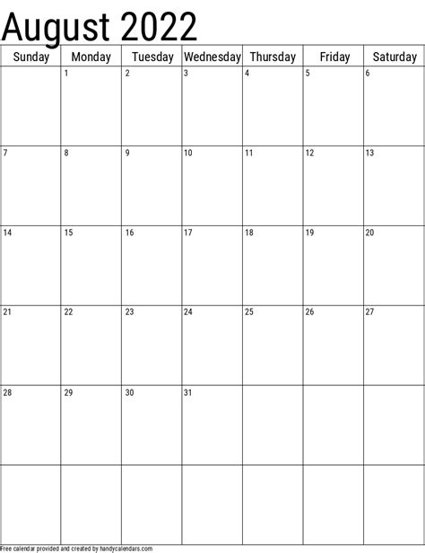August 2022 Vertical Calendar Handy Calendars