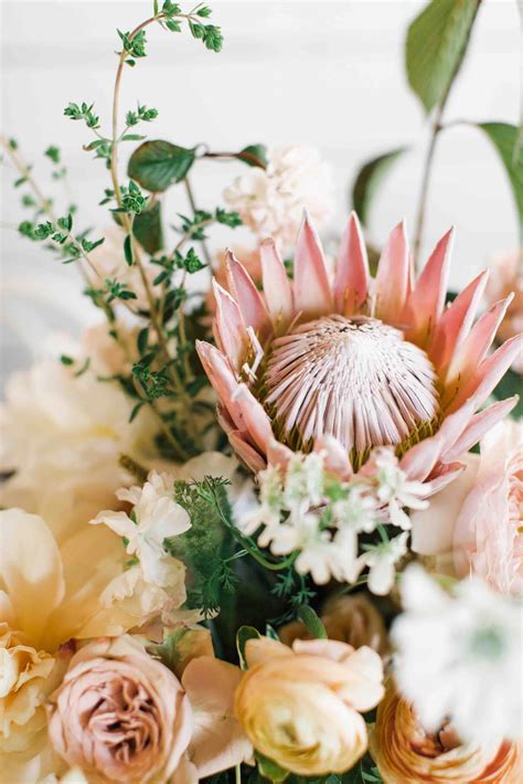 King Protea With Rosaprima Roses In Nuetral Gardenstyle Romantic