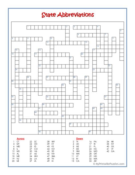 State Abbreviations Crossword Puzzle My Printable Puzzles