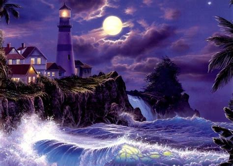 Lighthouse Ocean Moonlight Pictures Wild Storm Clouds Lighthouse