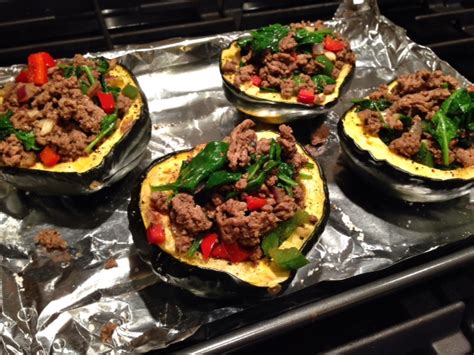 The introduction to this recipe was sprinkle over squash. Baked Acorn Squash with Ground Beef Stuffing - Mom to Mom ...