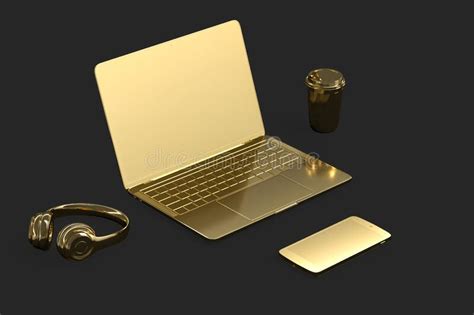 Minimalistic Illustration Of A Golden Laptop And Accessories 3d