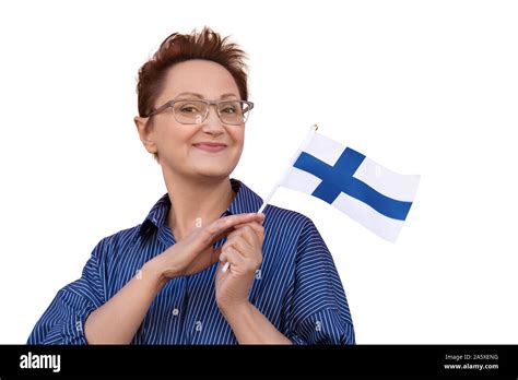 finland flag woman holding finnish flag nice portrait of middle aged lady 40 50 years old