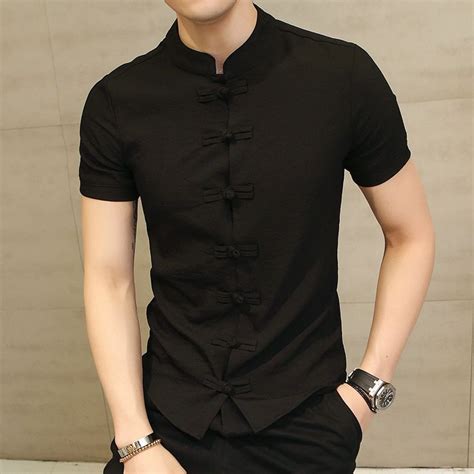 Chinese Collar Shirt Slim Fit Frog Button Short Sleeve Men Shirt
