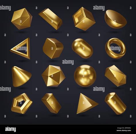 Realistic 3d Golden Math Geometric Shapes Vector Set Of Cube Cylinder