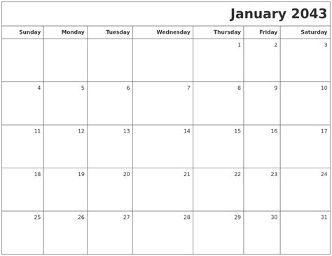 January 2043 Printable Blank Calendar