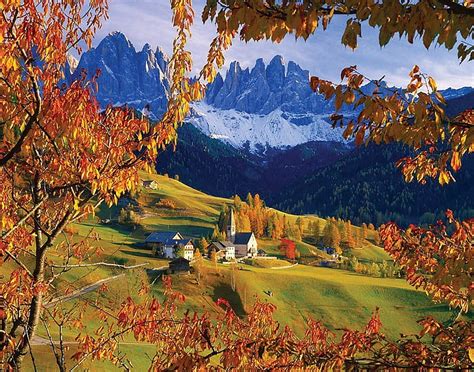The Dolomites In Autumn Leaves Colors Village Trees Italy Hd