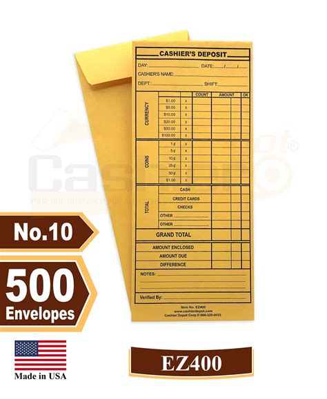 500 Cashier Depot EZ400 Cashier's Deposit Report Envelope, 4 1/8" x 9 1