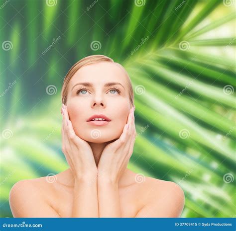 Beautiful Woman Touching Her Face And Looking Up Stock Image Image Of Good Nature 37709415