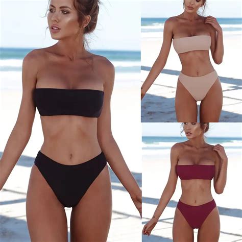 Strapless Sexy Women Bikini Suit Padded Bandeau Swimwear Solid Color Buckle Back Beach Shower