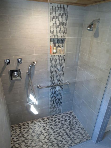 Modern Waterfall Shower With Grey Wall Tile And Mosaic Grey Shower