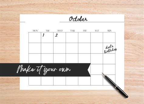 Blank Calendar Simple Calendar Printable Monthly Calendar Etsy