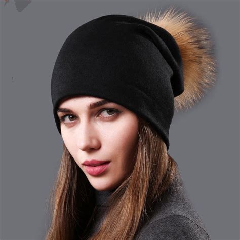 Female Natural Raccoon Fur Pompom Hats Beanies Winter Warm Solid Caps Women Cotton Skullies Thin