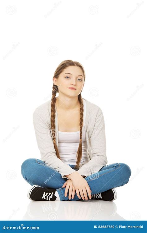 Happy Teen Woman Sitting Cross Legged Stock Photo Image Of Caucasian