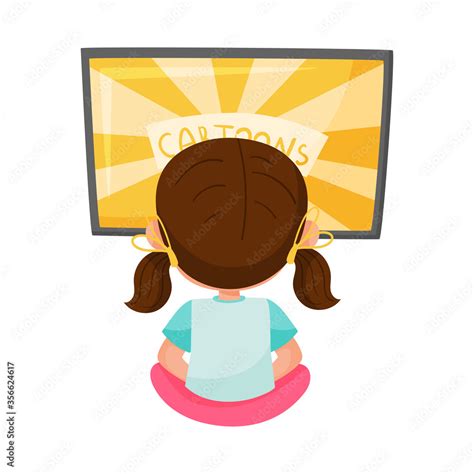 Girl Character Sitting In Front Of Tv Set And Watching Cartoon Film