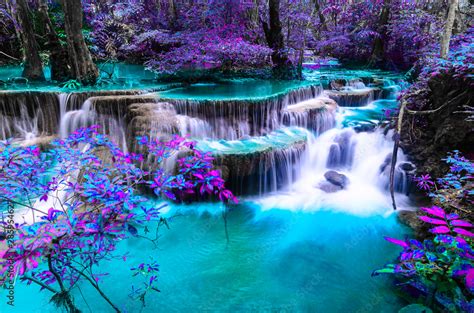Amazing Of Huay Mae Kamin Waterfall In Colorful Autumn Forest At