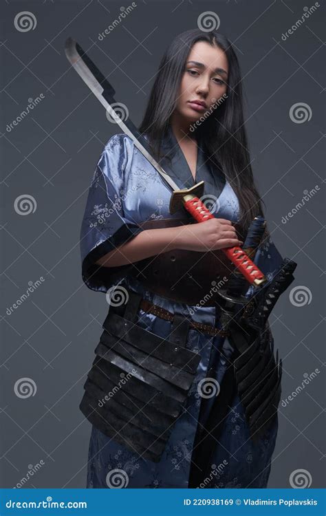 Female Samurai Holding Katana On Her Shoulder Stock Image Image Of