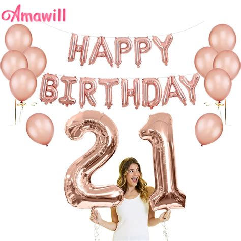 Amawill Rose Gold Happy Birthday Banner Foil Balloons 21 Years Old