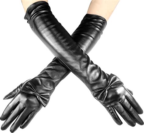 Luwint Black Long Gloves For Women Faux Leather Fashion Female Decorated Butterfly