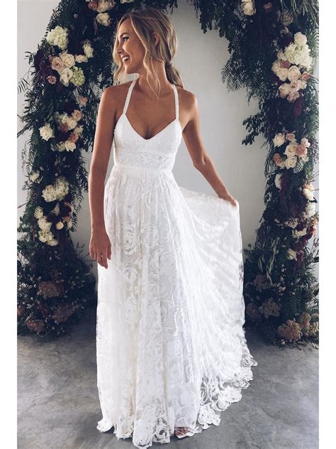 To have wedding day on a sunny beach near ocean dreams every bride. Charming A-line Straps Flowy Ivory Lace Long Wedding Dress ...