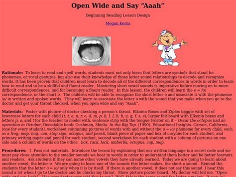 Open Wide And Say Ahh Lesson Plan For Kindergarten 1st Grade Lesson