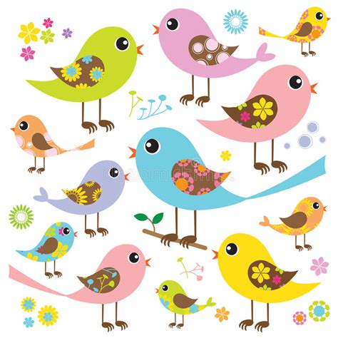 Colorful Birds With Floral Pattern Stock Vector
