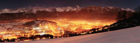 Landscape Lights Mountains Night Snow Winter Glowing Valley