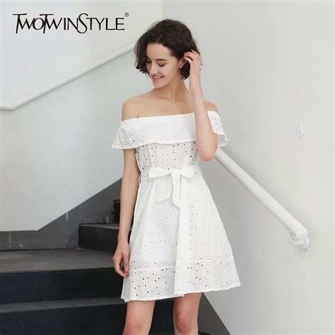 Twotwinstyle Off Shoulder Sexy White Dresses Women Slash Neck Ruffle Lace Up Mini Dress Female