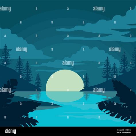 Night Lake Landscape With Trees Stock Vector Image And Art Alamy