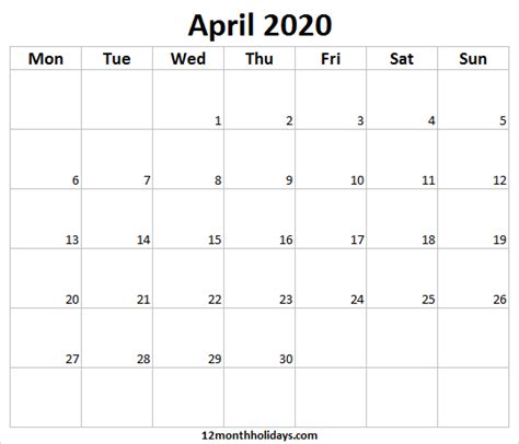 Free Printable April 2020 Calendar Cute Blank And White Templates