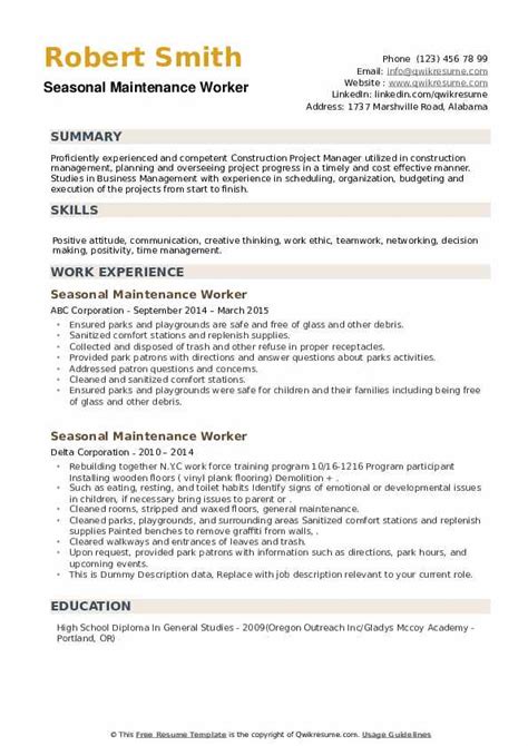 Resume Template For Maintenance Worker