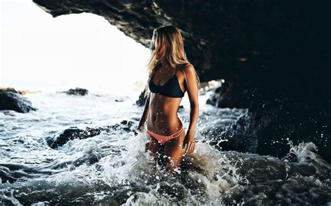 Wallpaper Women Model Blonde Sea Water Bikini Swimwear Girl