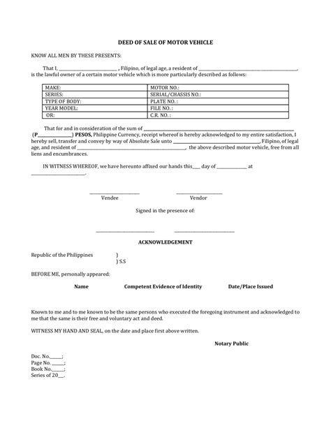 Philippines Deed Of Sale Of Motor Vehicle Form Fill Out Sign Online And Download PDF