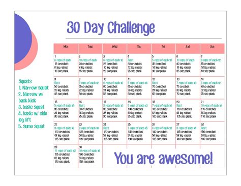 30 Day Abs And Squats Challenge Printables Calendar T