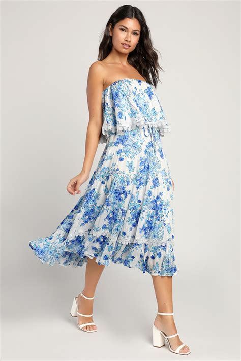 White And Blue Floral Dress Strapless Midi Dress Tiered Dress Lulus